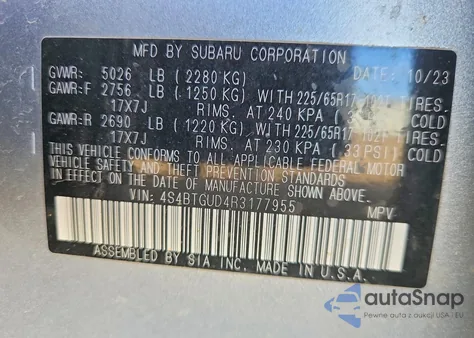 2024 Subaru Outback Wilderness из США, поврежденный, VIN 4S4BTGUD4R3177955